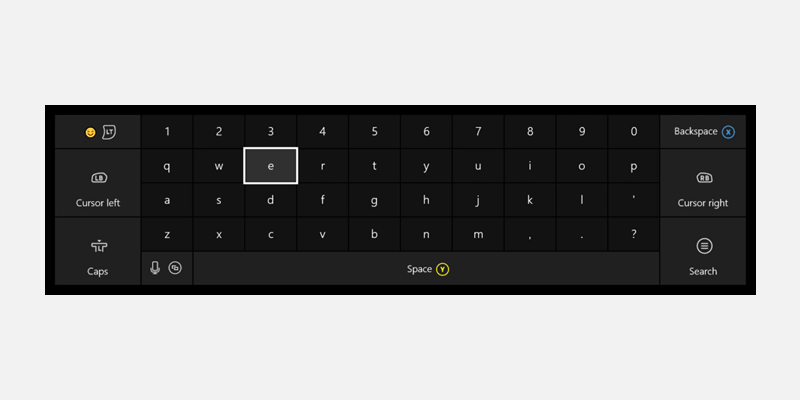 Captura de ecrã do Teclado em Ecrã do Xbox One.