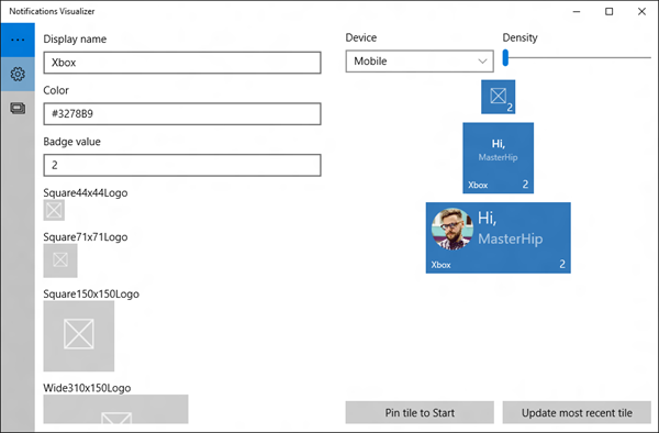 Captura de ecrã do Editor do Visualizador de Notificações com mosaicos