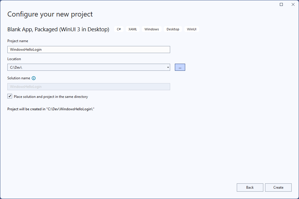 Uma captura de ecrã da nova aplicação Windows Hello Login a correr pela primeira vez