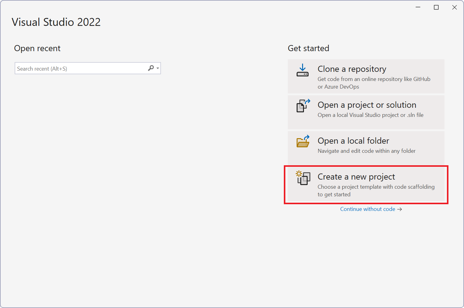 Captura de ecrã da janela de início Visual Studio.