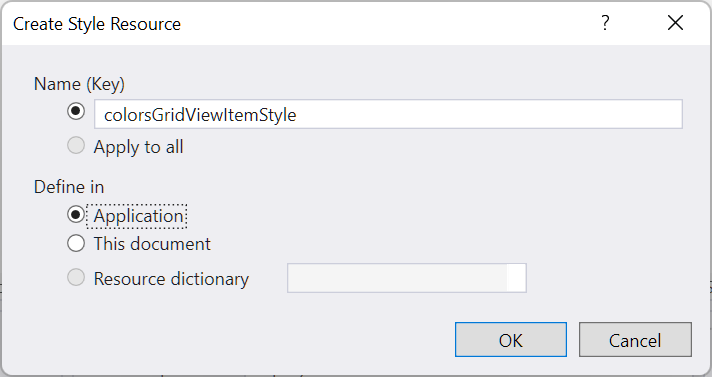 Caixa de diálogo Criar recurso de estilo do Visual Studio