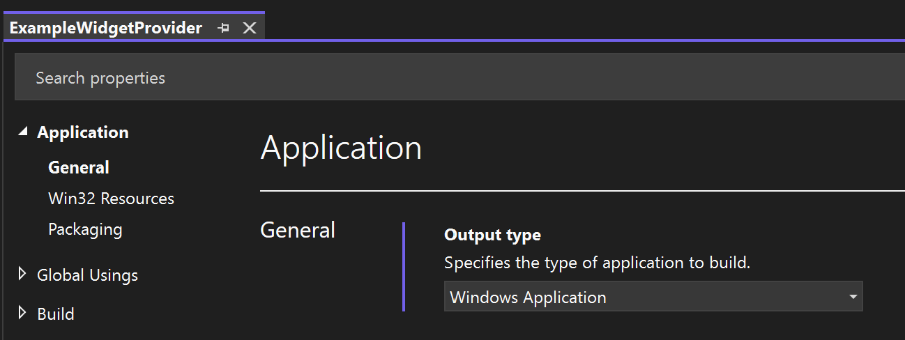 Uma captura de ecrã que mostra as propriedades do projeto do fornecedor de widgets C# com o tipo de saída definido para Windows Application