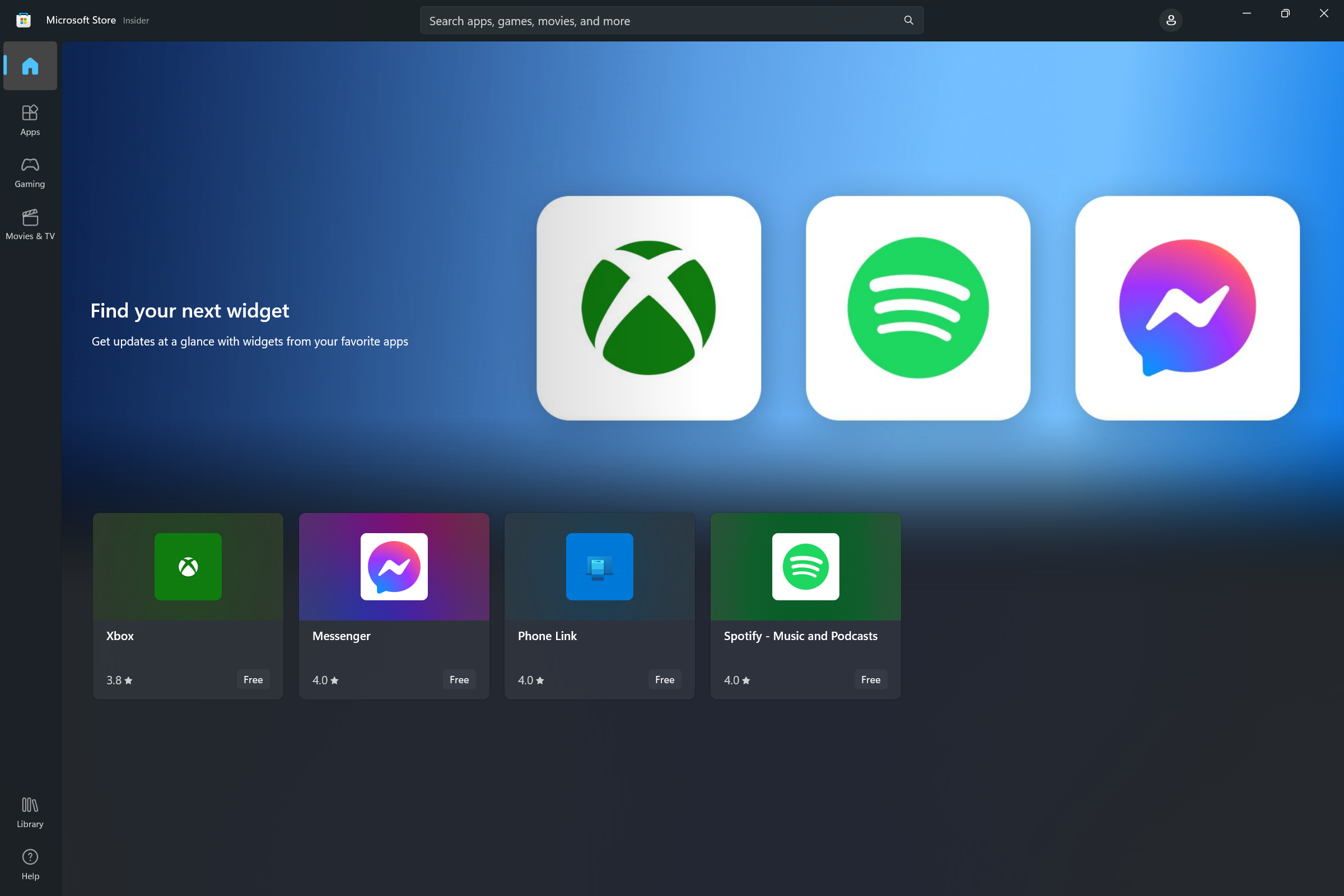 Captura de ecrã do Microsoft Store mostrando a coleção de widgets que permite aos utilizadores descobrir aplicações que apresentam Windows Widgets.