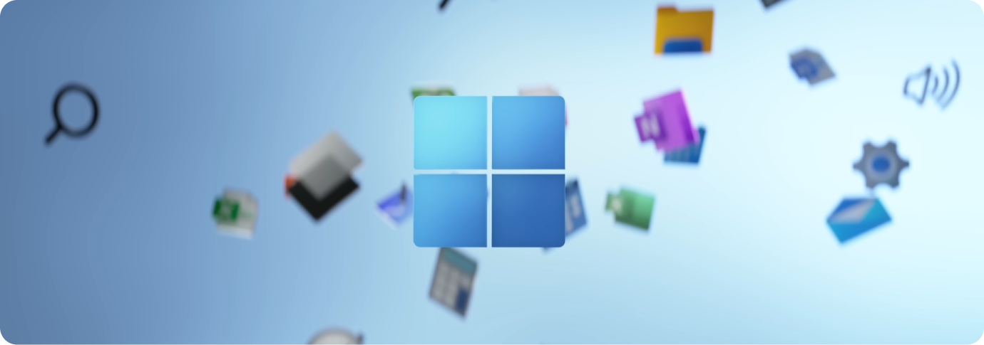 Windows com ícones da aplicação a flutuar ao fundo