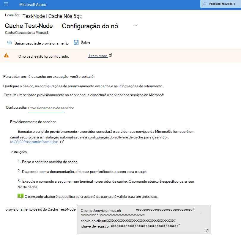 Captura de tela da guia de provisionamento do servidor na configuração do nó de cache no portal do Azure.
