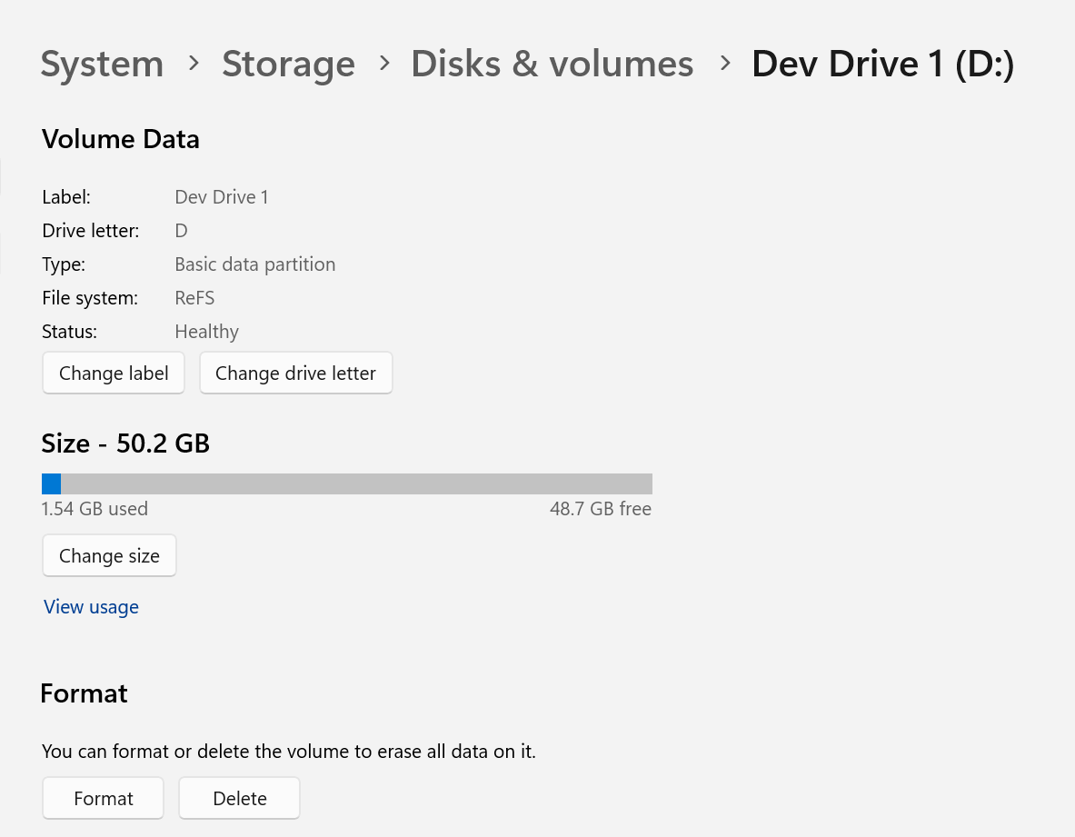 Eliminar um Dev Drive nas Definições do Windows