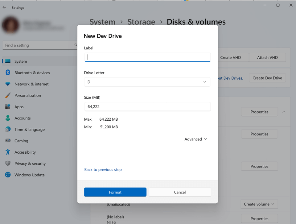Captura de tela com o rótulo do Dev Drive, a letra da unidade e as configurações de tamanho
