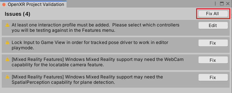 Captura de tela do botão Corrigir tudo na janela Validação do projeto OpenXR.