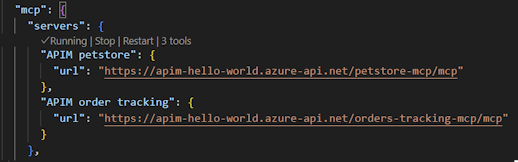 Screenshot av MCP-servrar som konfigurerats i Visual Studio Code.