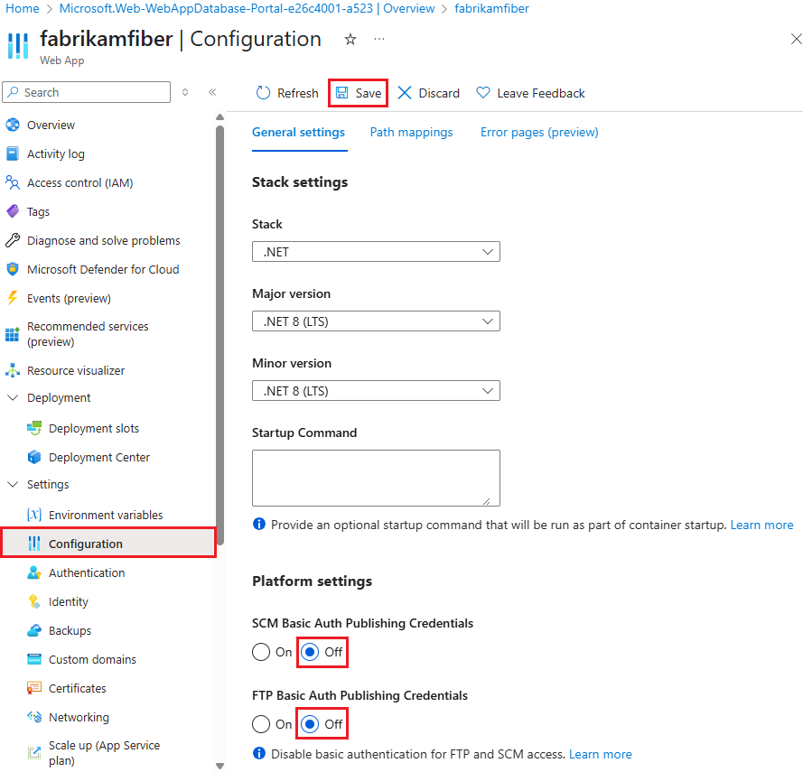 Skärmbild som visar hur du inaktiverar grundläggande autentisering för Azure App Service i Azure-portalen.