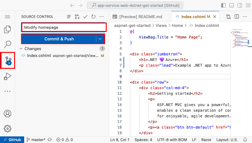 Skärmbild av Visual Studio Code i webbläsaren, panelen Källkontroll med ett kommentarsmeddelande om 