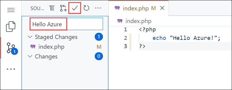 Skärmbild av Visual Studio Code i webbläsaren, källkontrollpanelen med ett incheckningsmeddelande om Hello Azure.