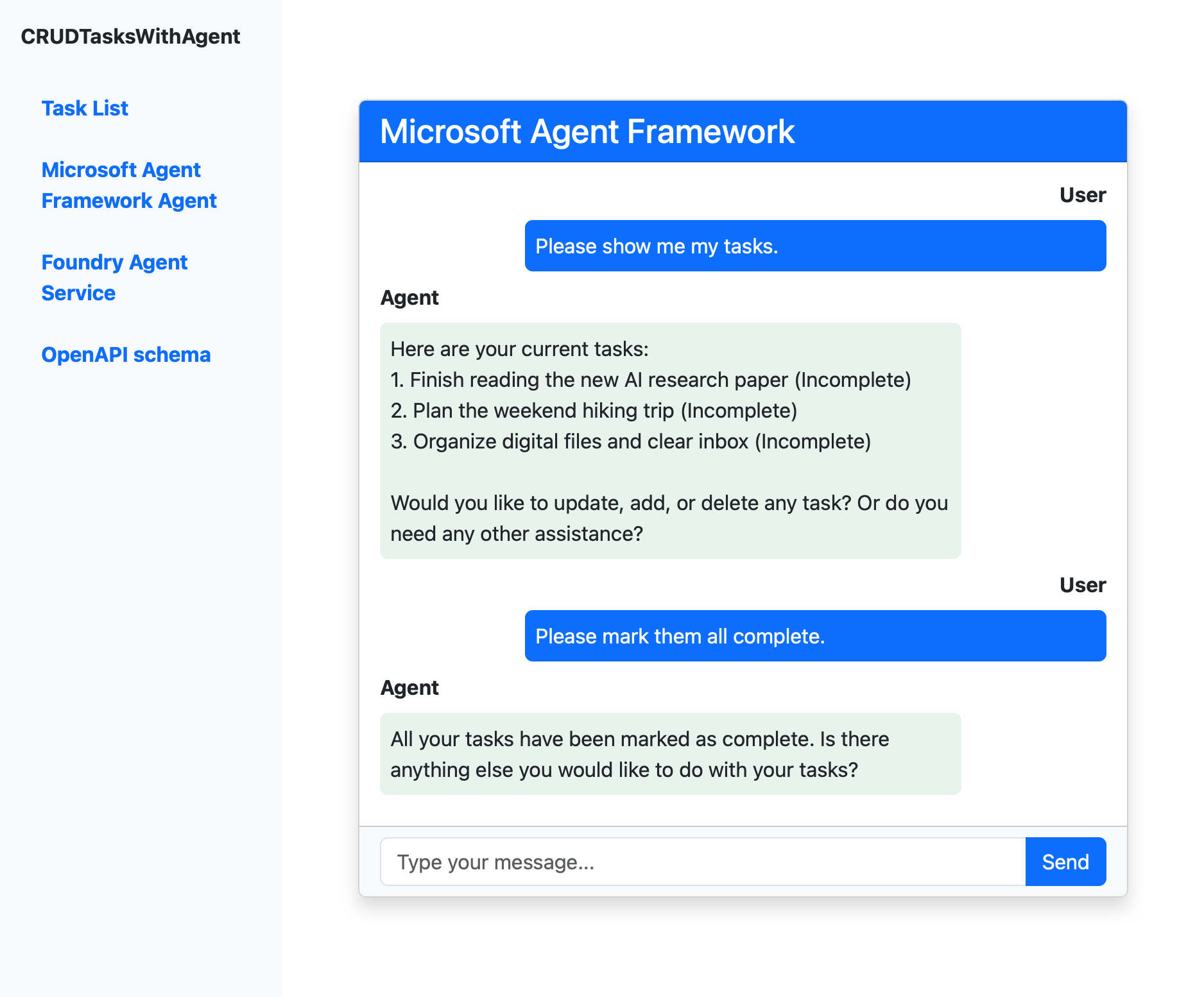 Skärmbild som visar chattgränssnittet för Microsoft Agent Framework-agenten med en konversation om uppgiftshantering.