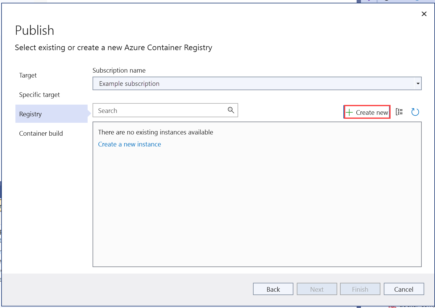 Skärmbild som visar fönstret Publicera. Knappen Skapa ny är markerad.