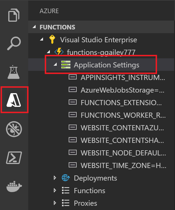  Skärmbild för visning av funktionsappsinställningar i Visual Studio Code.