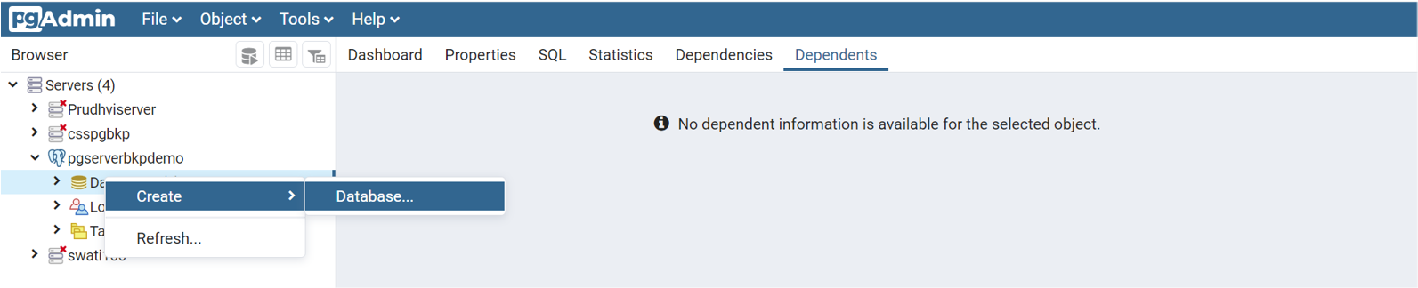Skärmbild som visar menyval för att lägga till nya databaser och databasanvändare på en server.