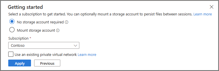 Skärmbild som visar den valda prenumerationen och den valfria lagringsprompten.