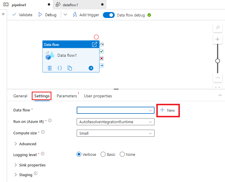 Skärmbild som visar hur du öppnar dataflödesredigeraren från pipelineredigeraren.