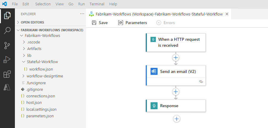 Skärmbild som visar Visual Studio Code, logikappens arbetsyta, projekt och arbetsflöde.