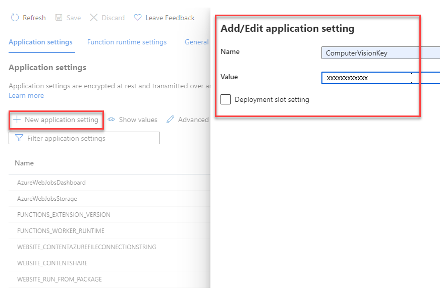 En skärmbild som visar hur du lägger till en ny programinställning i en Azure Function.