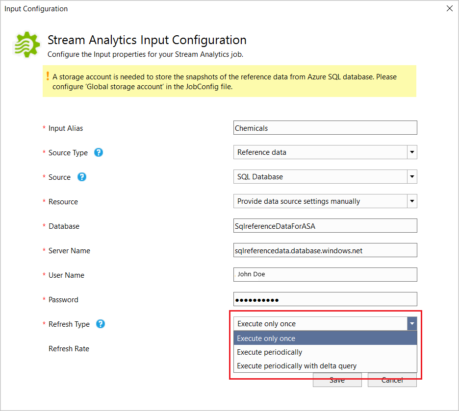 Skärmdump av Stream Analytics Input Configuration med värden inmatade eller valda från rullgardinslistor.