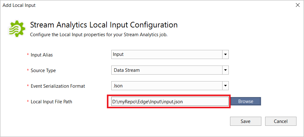 Lokal indatakonfiguration för Stream Analytics-jobb i Visual Studio