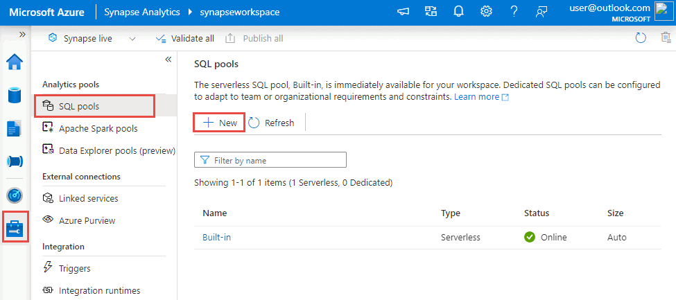 Skärmbild som visar hur du skapar en ny dedikerad Azure Synapse SQL-pool från Synapse Studio.
