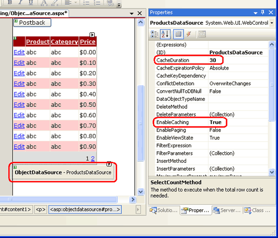 Konfigurera ObjectDataSource att cachelagra dess data i 30 sekunder