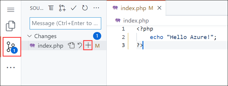 Skärmbild av Visual Studio Code i webbläsaren, markera navigeringen Källkontroll i sidofältet och markera sedan knappen Scenändringar på källkontrollpanelen.