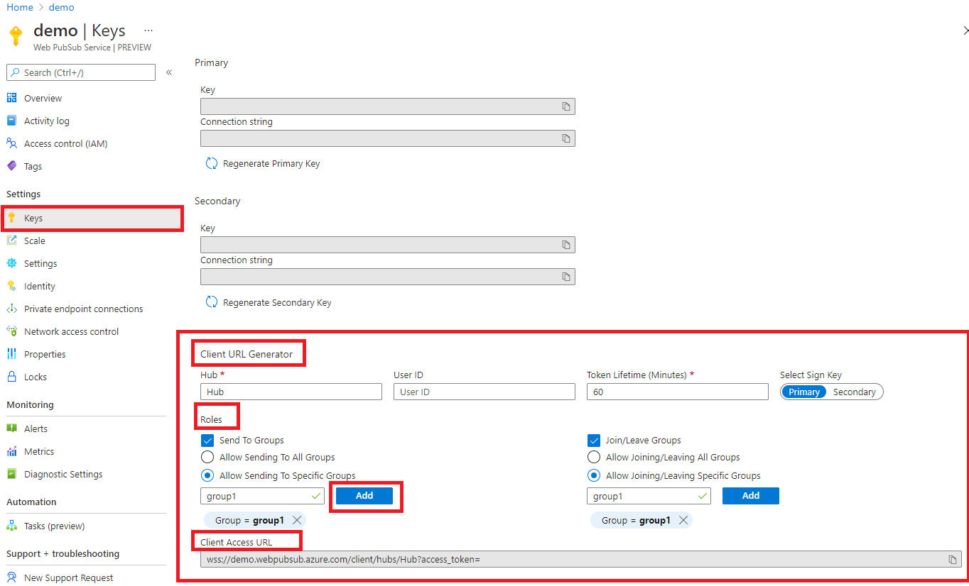 Skärmbild som visar hur du hämtar url:en för klientåtkomst på Azure Portal