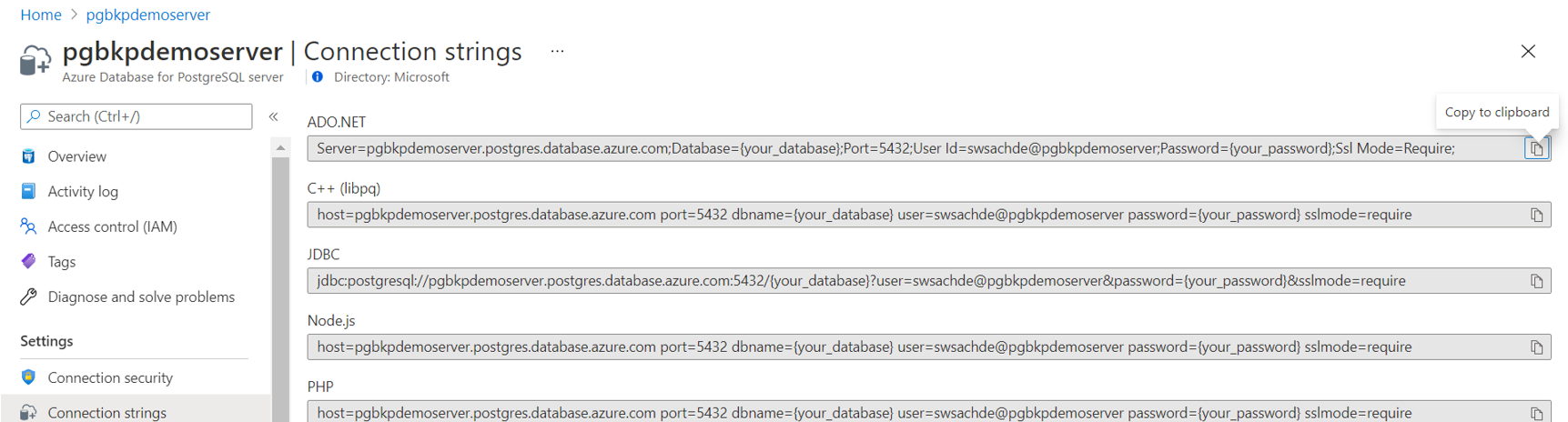 Skärmbild som visar anslutningssträngen för Azure Database for PostgreSQL-servern som hemlighet.