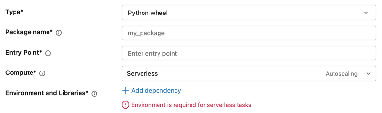 Avsnittet Miljö och bibliotek för en Python wheel-aktivitet som visar länken Lägg till beroende