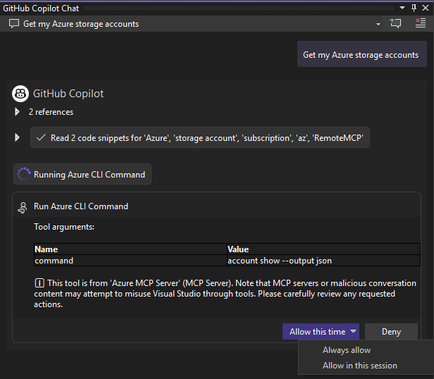 En skärmbild som visar hur du kör Azure MCP Server-verktyg i Visual Studio.