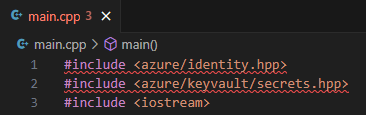 {Skärmbild av C++ innehåller instruktioner från VS Code som har röda fel med vågiga rader under.}