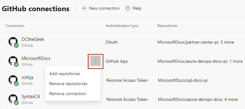Screenshot visar GitHub-anslutningsmenyn i Fler alternativ.