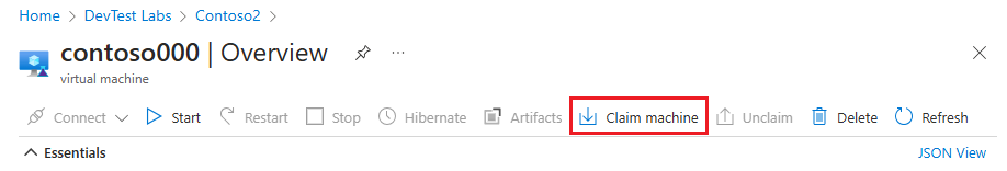 Skärmbild av anspråksdatorn på den virtuella datorns översiktssida.