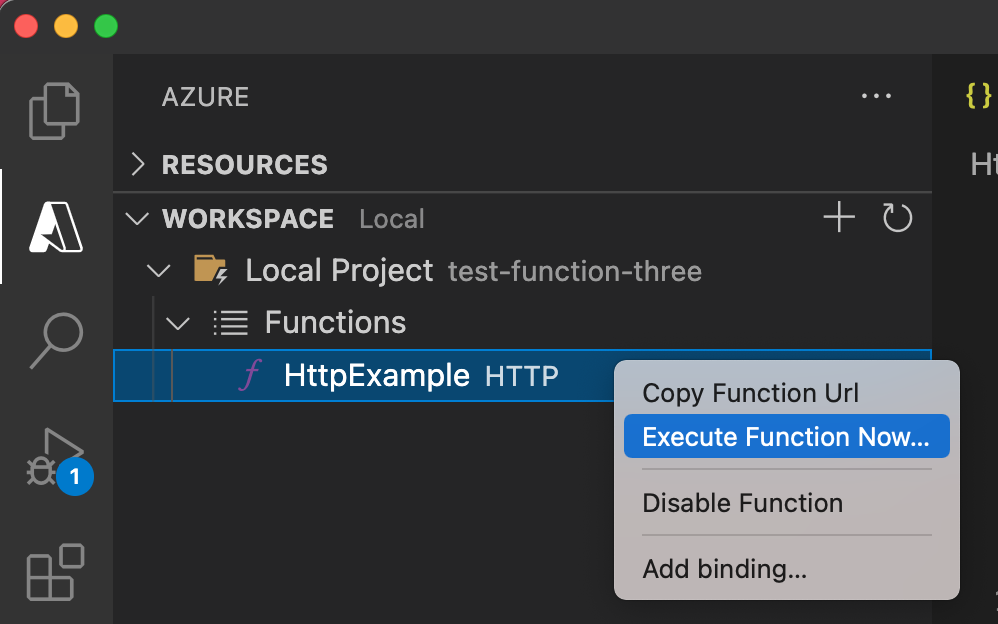 Skärmbild av funktionen för att utföra från Visual Studio Code.