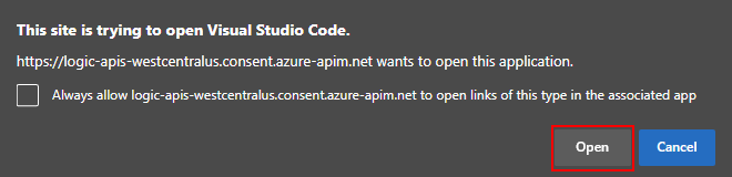 Skärmbild som visar uppmaningen att öppna länken för Visual Studio Code.