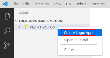 Skärmbild som visar snabbmenyn för prenumeration och Skapa Logic App.
