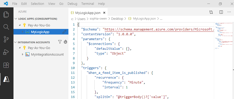 Skärmbild som visar ett exempel på arbetsflödesdefinitionen för förbrukningslogikappen i Visual Studio Code.