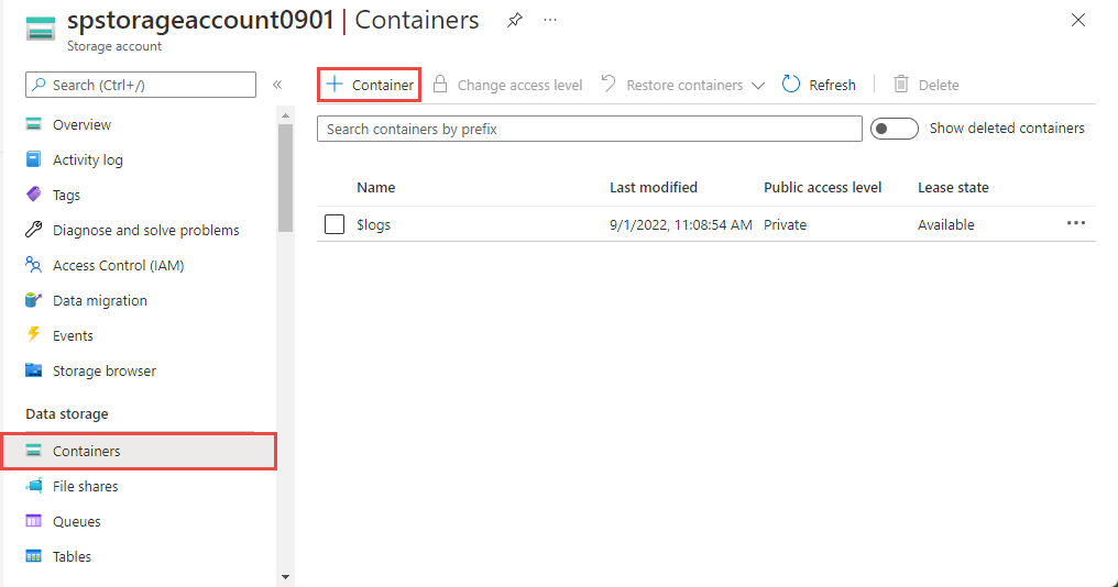 Skärmbild som visar sidan Containers.