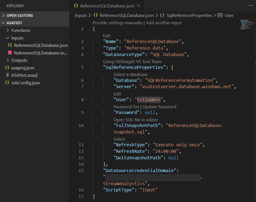 En Visual Studio Code-redigerare (flik) visar ReferenceSQLDatabase.json.