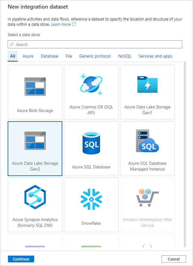 Välj Azure Data Lake Storage Gen2