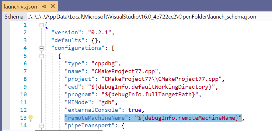 Fjärrfelsökningsdatorn CMake som anges i filen launch_schema.json. Fjärrdatornamnet är ${debugInfo . remoteMachineName}