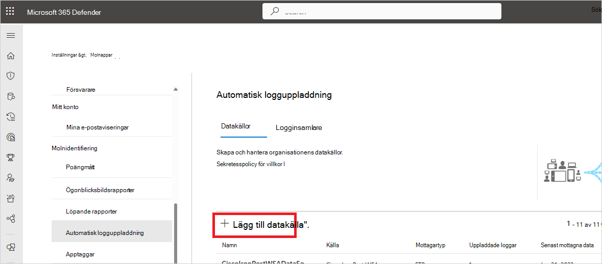 Skärmbild av fliken Datakällor som visar knappen Lägg till datakälla i Cloud Discovery-inställningar.