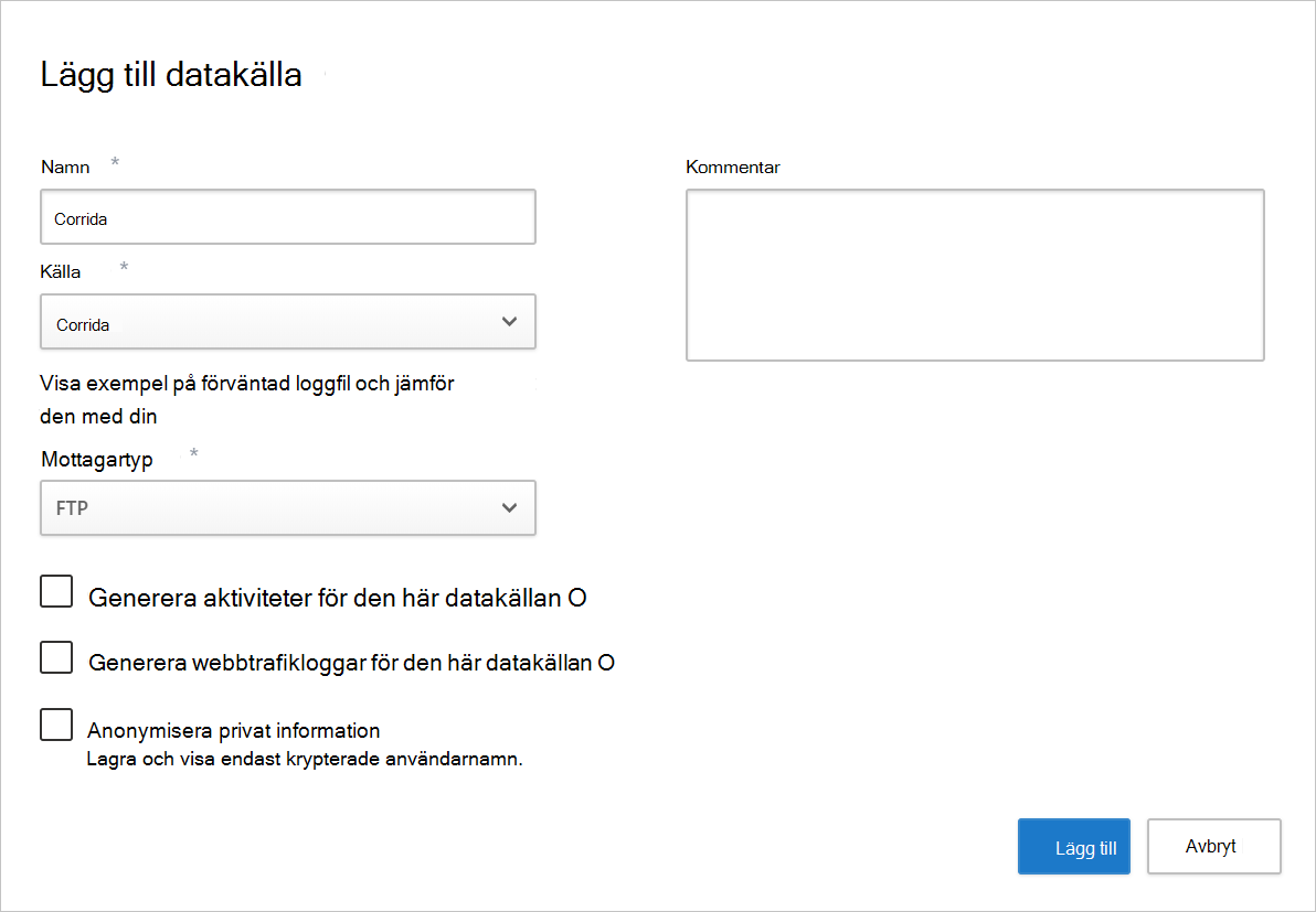 Skärmdump av sidan Lägg till datakälla med Corrata vald som källa.