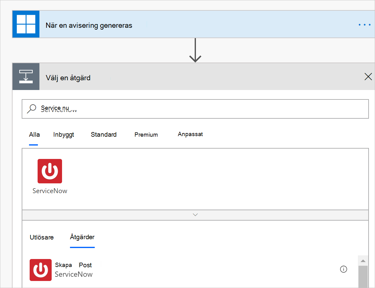 Skärmbild av det Power Automate arbetsflödet som visar aviseringsutlösaren och den konfigurerade åtgärden för ServiceNow-anslutningsappen.