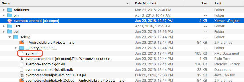 Platsen för api.xml-filen i mappen obj/Debug