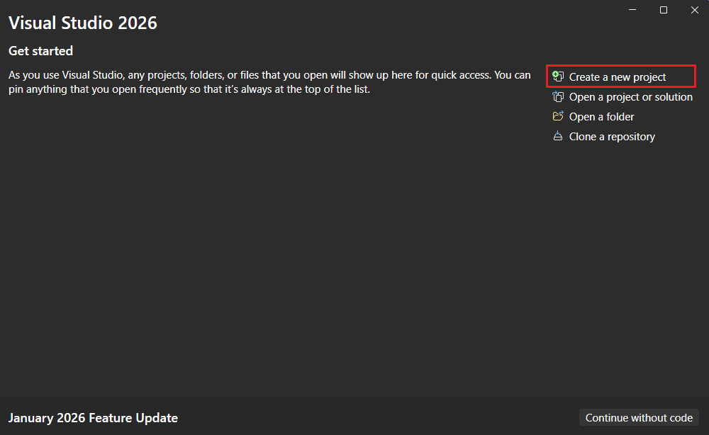 Skapa en ny projektknapp markerad på startsidan för Visual Studio