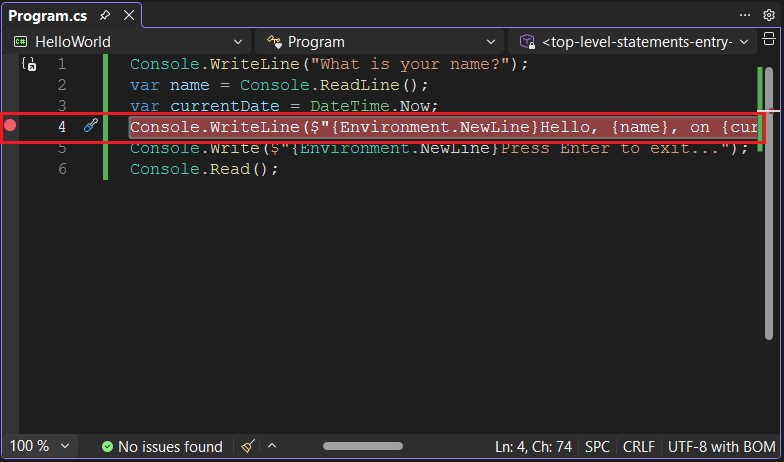 Visual Studio-programfönster med brytpunkt satt